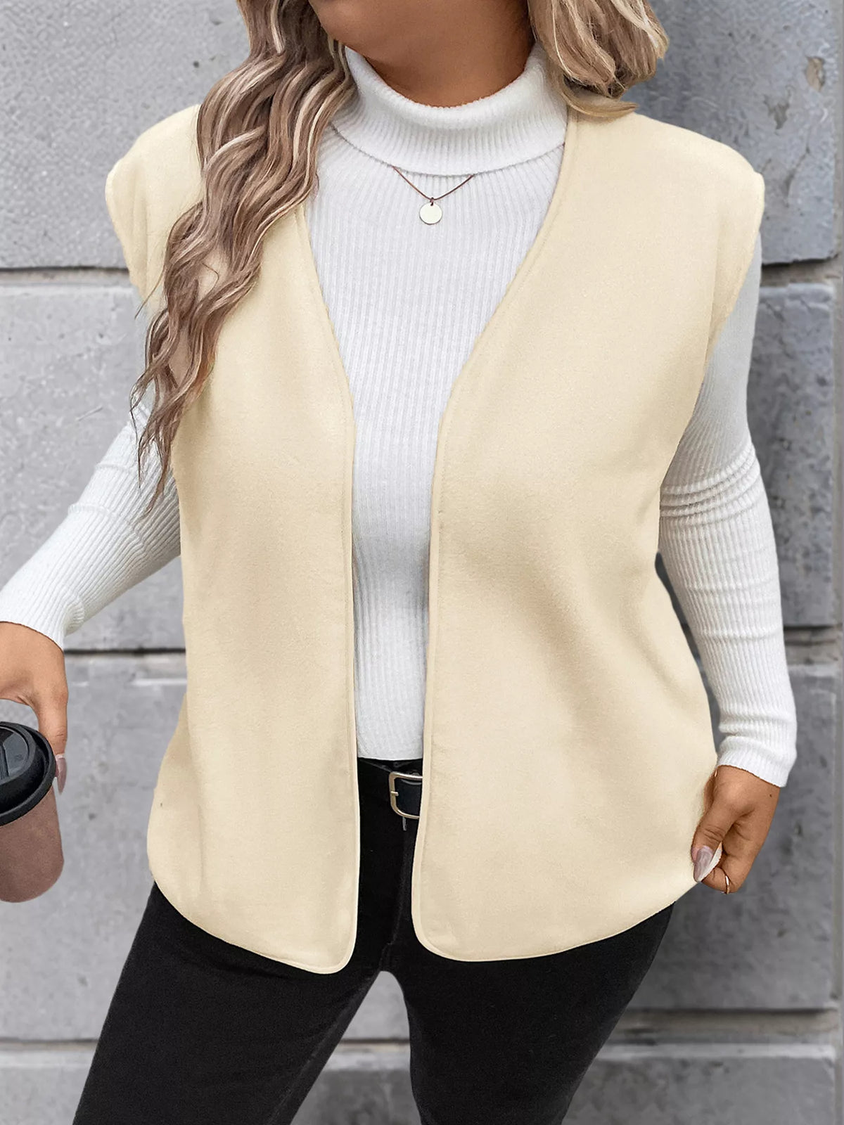 Full Size Open Front Vest Coat Plus Size in Apricot, view 8