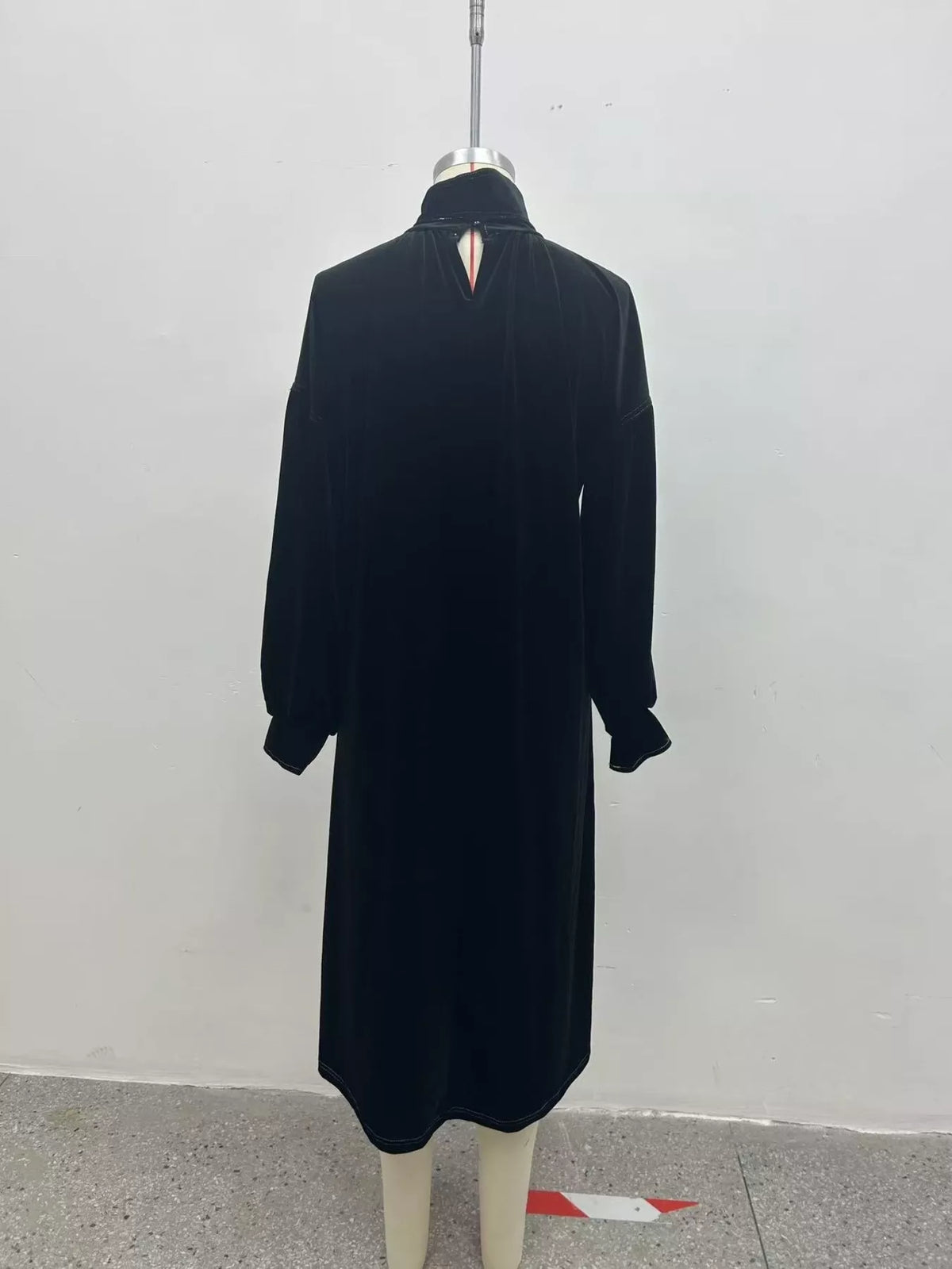 Full Size Velvet Tie-Neck Lantern Sleeve Midi Dress Plus Size