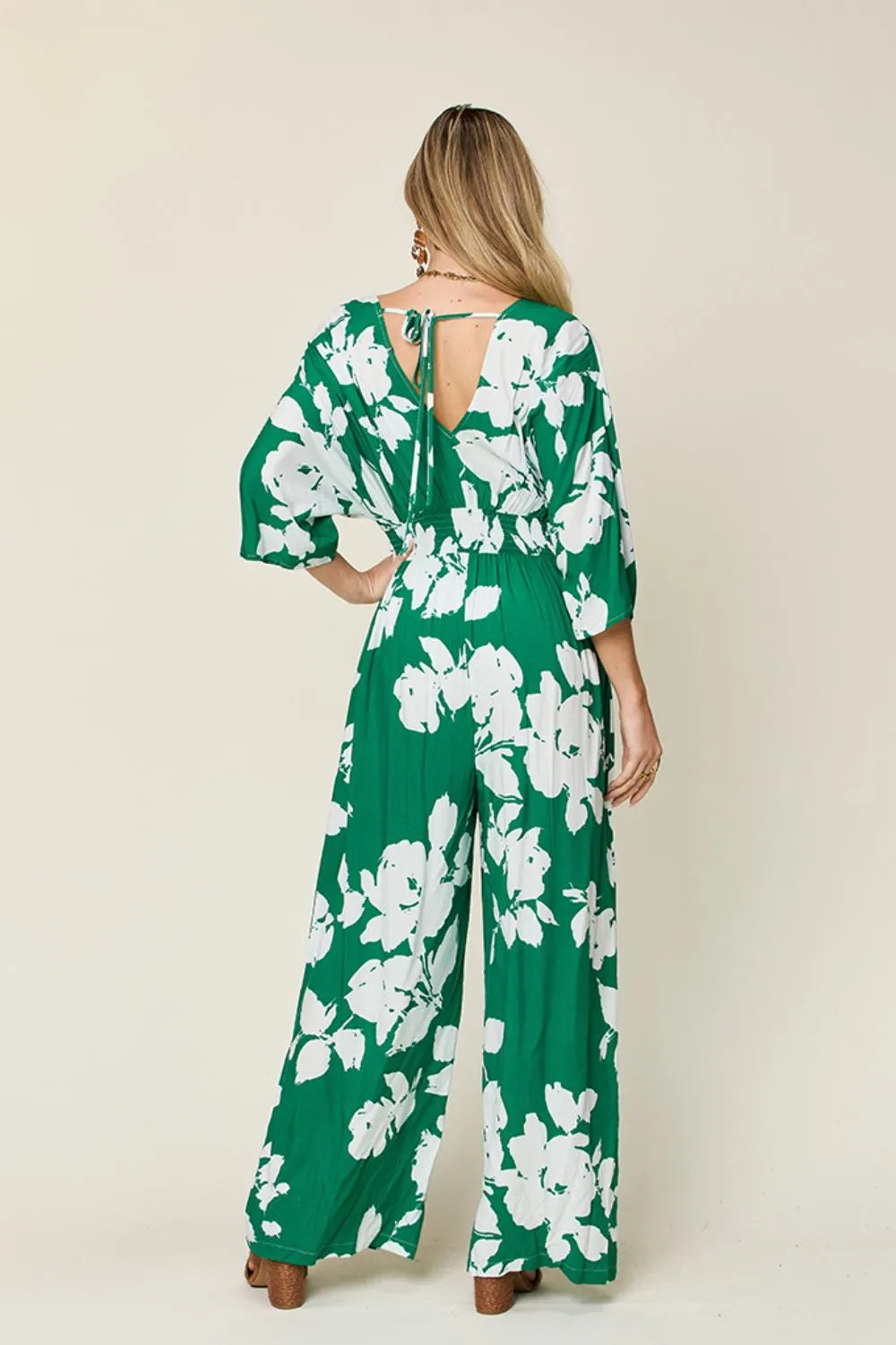 Double Take Full Size Printed Tie Back Wide Leg Jumpsuit - Lilixa.store