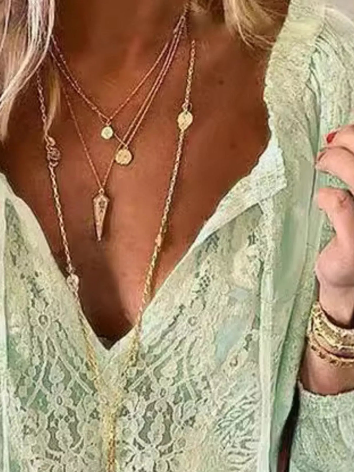 Lace Tie Neck Long Sleeve Blouse, view 3