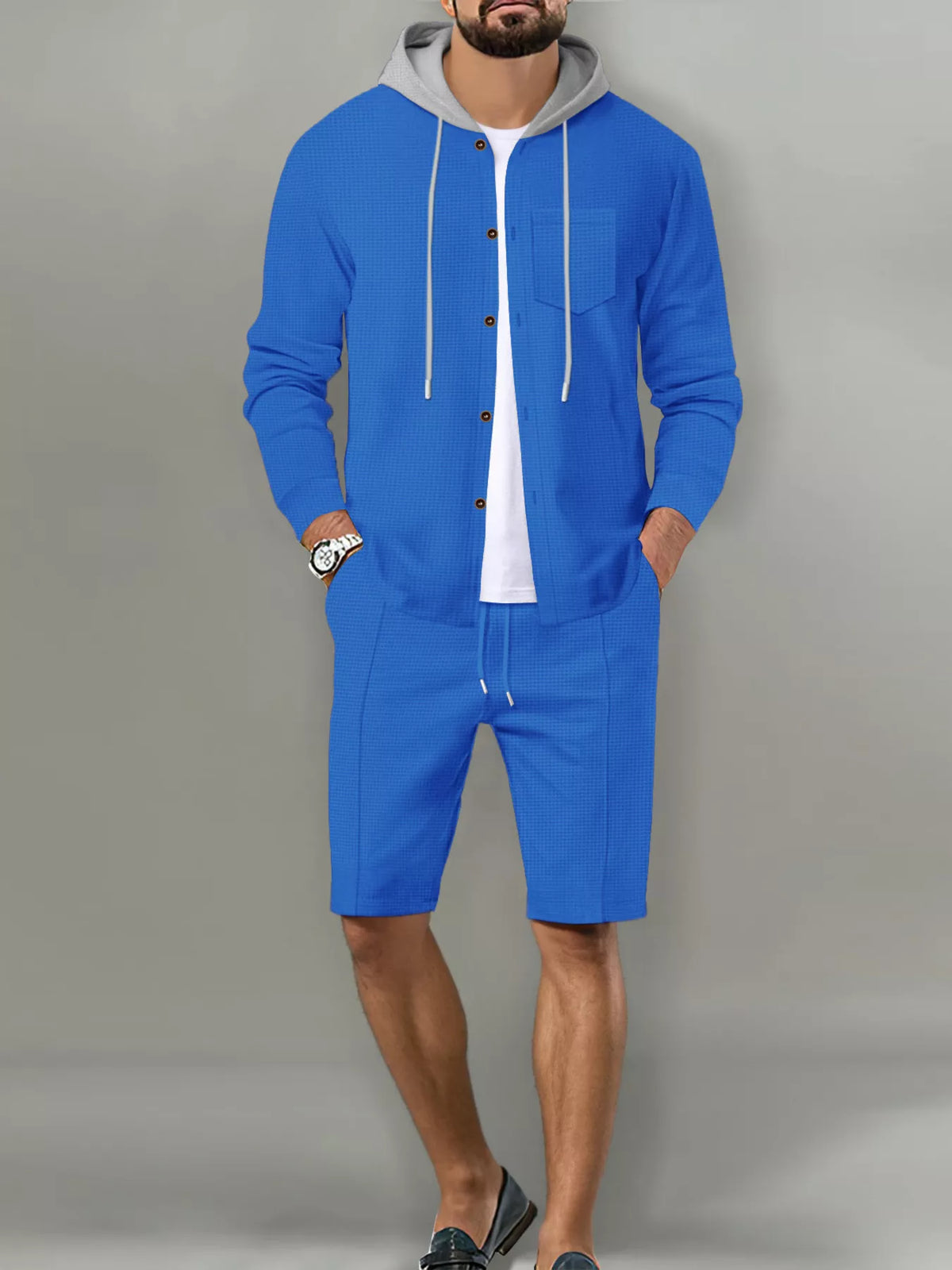 Men's Full Size Casual Hooded Button-Up Top and Shorts Set Plus Size - Lilixa.store