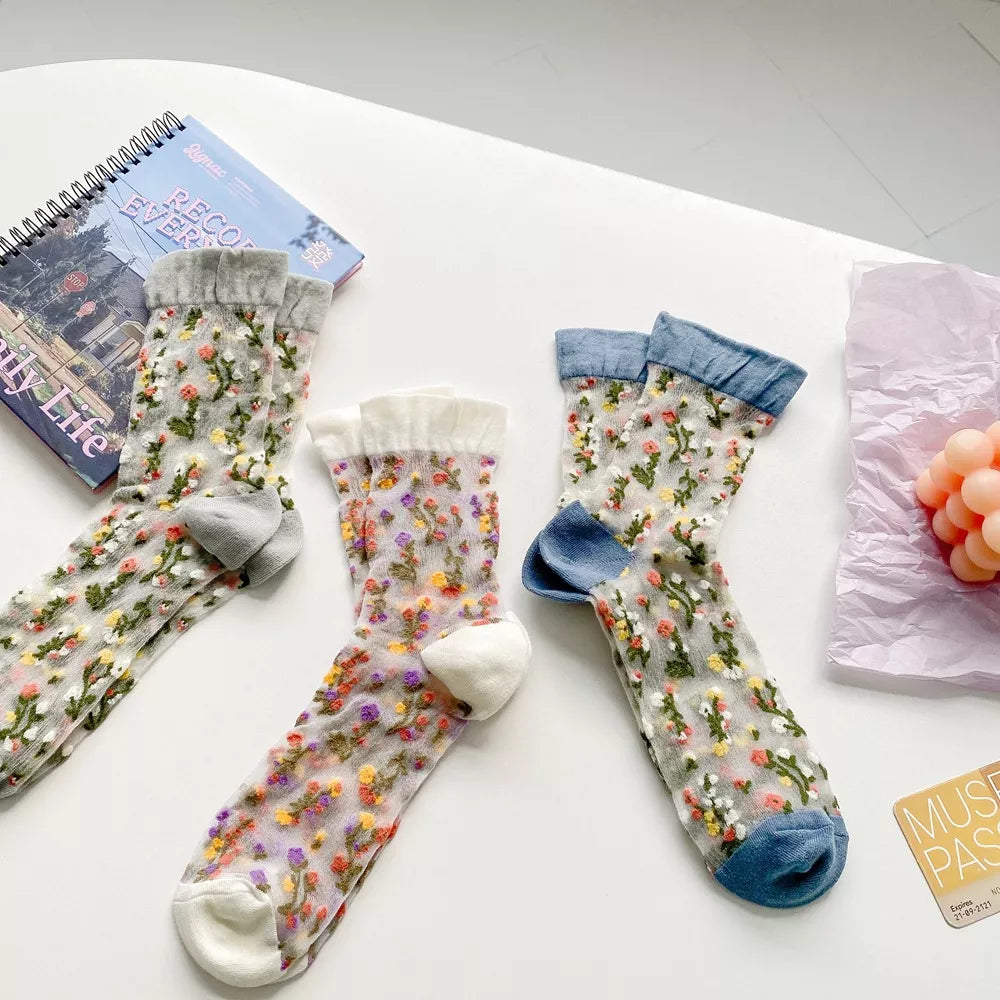 Floral Sheer Crew Socks 5 Pair Set