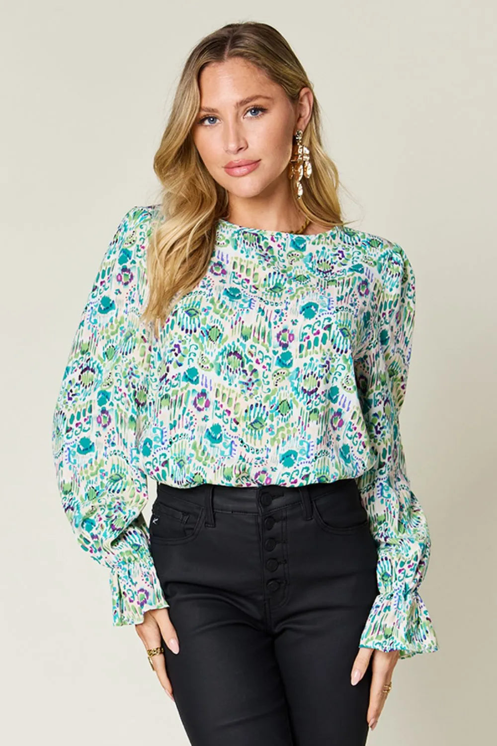 Double Take Full Size Printed Flounce Sleeve Blouse - Lilixa.store