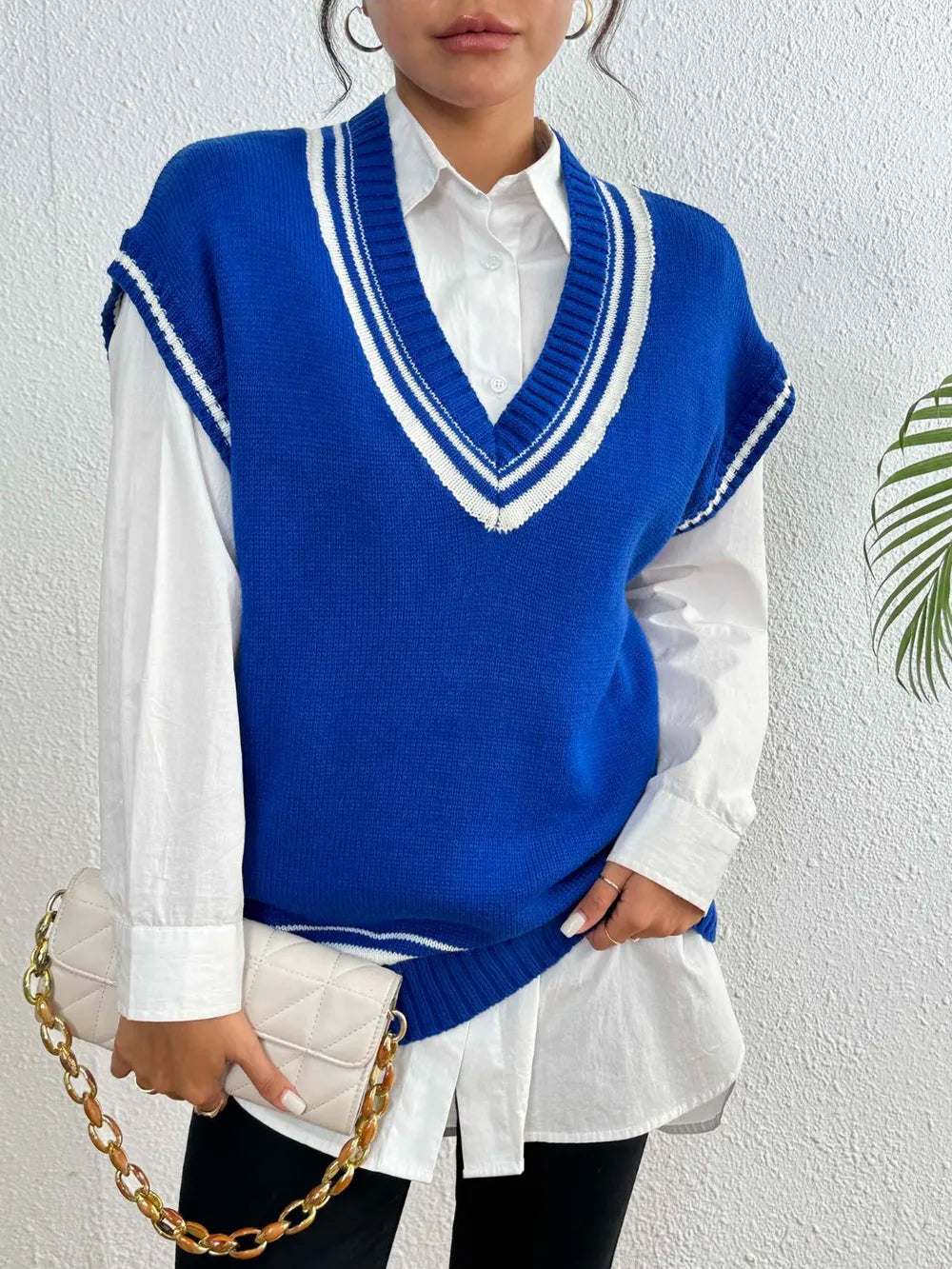 Contrast Trim V-Neck Sweater Vest, view 2
