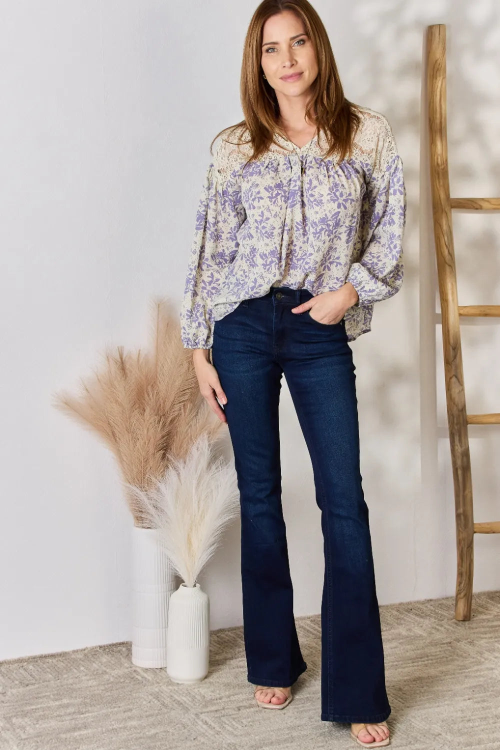 Hailey & Co Full Size Lace Detail Printed Blouse - Lilixa.store