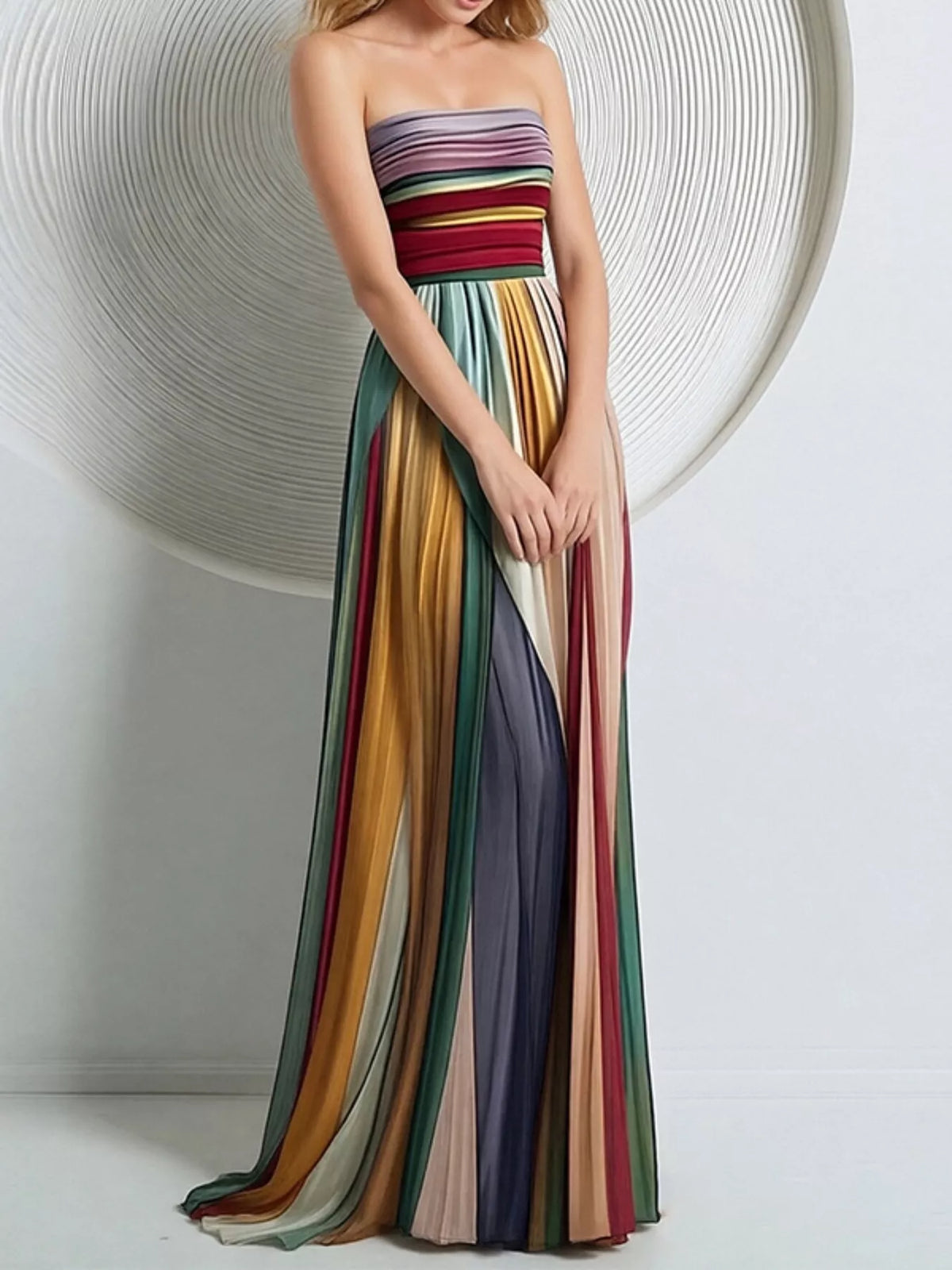 Striped Pleated Tube Maxi Dress - Lilixa.store