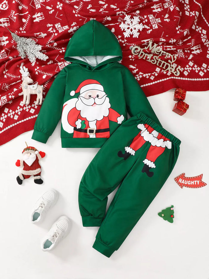 Children's Christmas Santa Claus Graphic Hooded Sweatshirt and Pants Set in Green