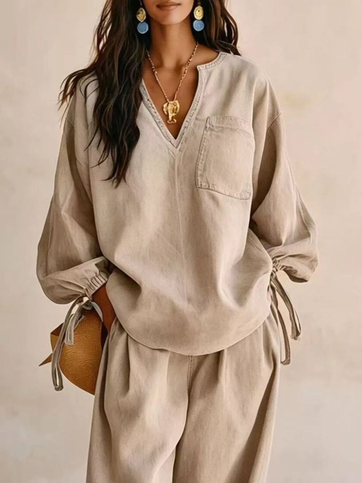 Relaxed Fit Drawstring Sleeve Detail Top and Pants Denim Set, view 5