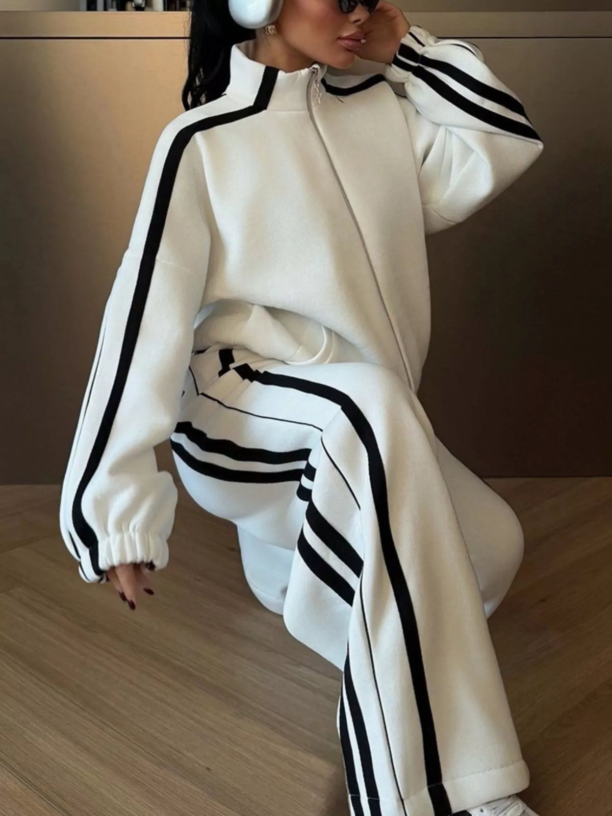 Side Stripes Zip Up Top and Pants Set - Lilixa.store