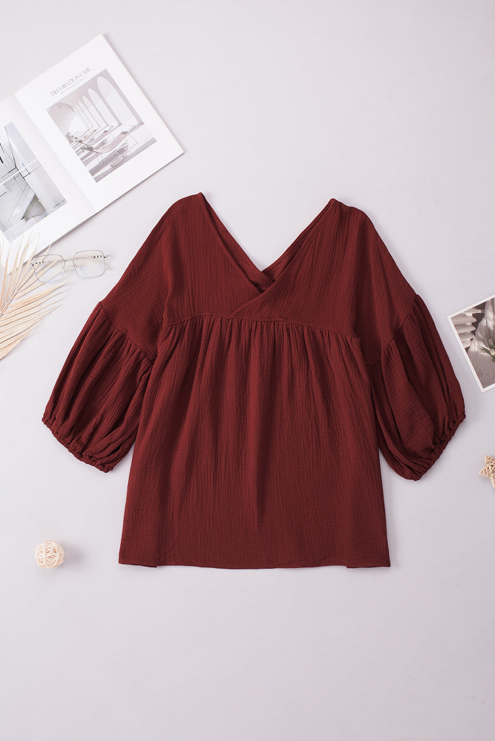 Dropped Shoulder V-Neck Blouse in Wine