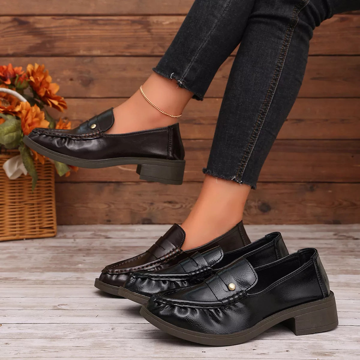 Round Toe Block Heels Loafers