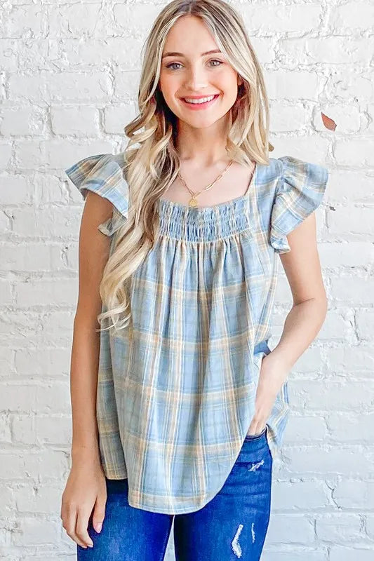 And The Why Plaid Print Smocked Detail Ruffle Baby Doll Top - Lilixa.store