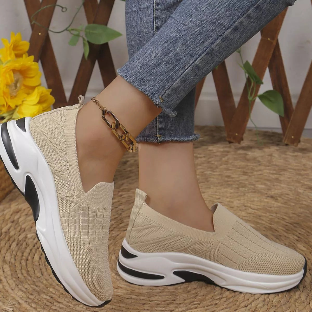 Round Toe Mesh Slip-Ons in Beige