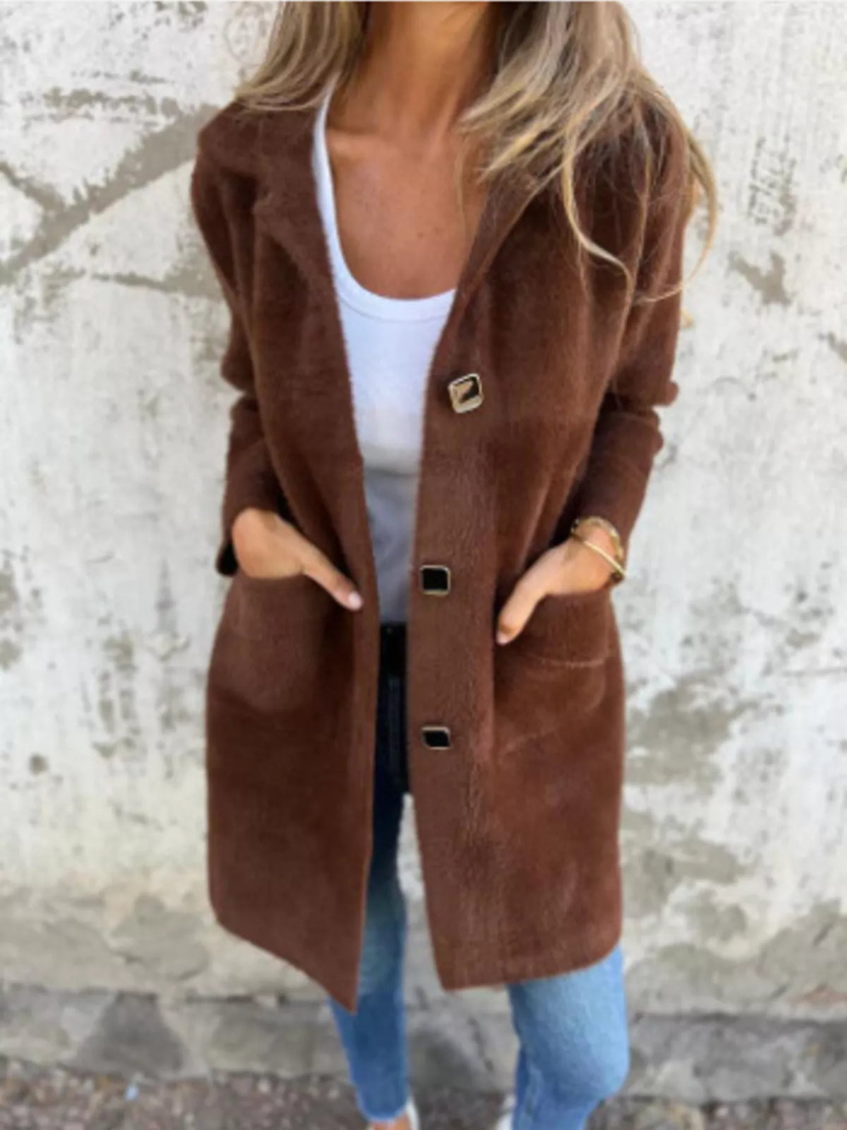 Full Size Button-Down Long Sleeve Longline Coat Plus Size in Brown
