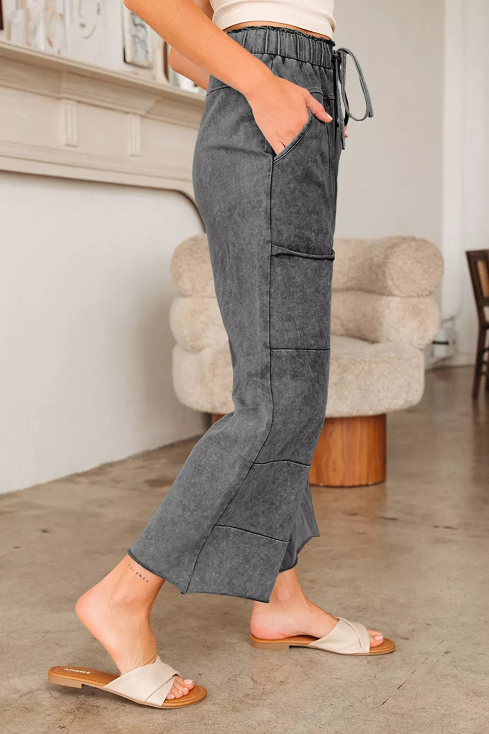 High-Waisted Wide-Leg Cropped Pants in Dark Gray, view 2