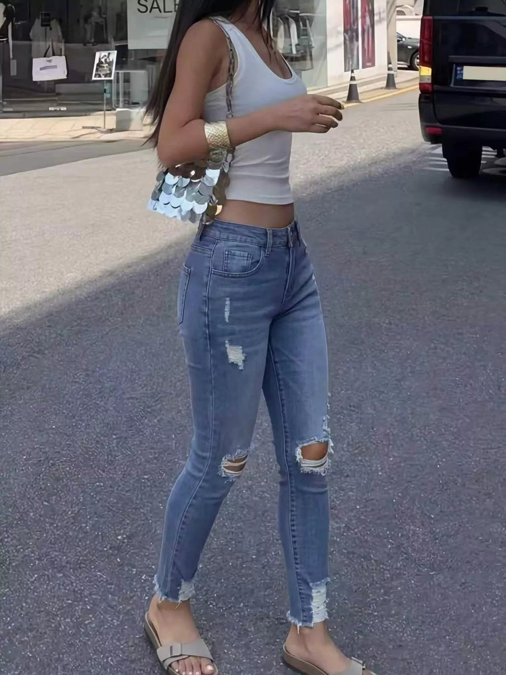 High-Waisted Distressed Skinny Jeans - Lilixa.store