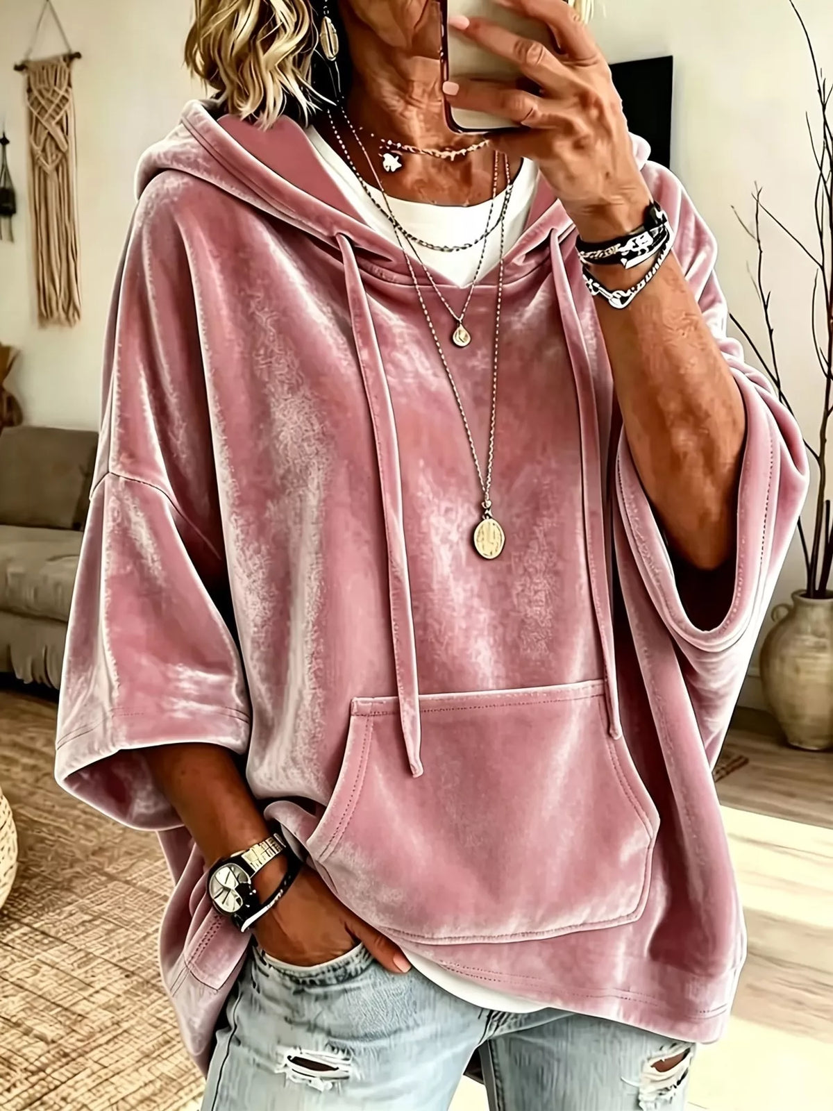 Full Size Velvet 3/4 Sleeve Hoodie with Kangaroo Pocket Plus Size - Lilixa.store