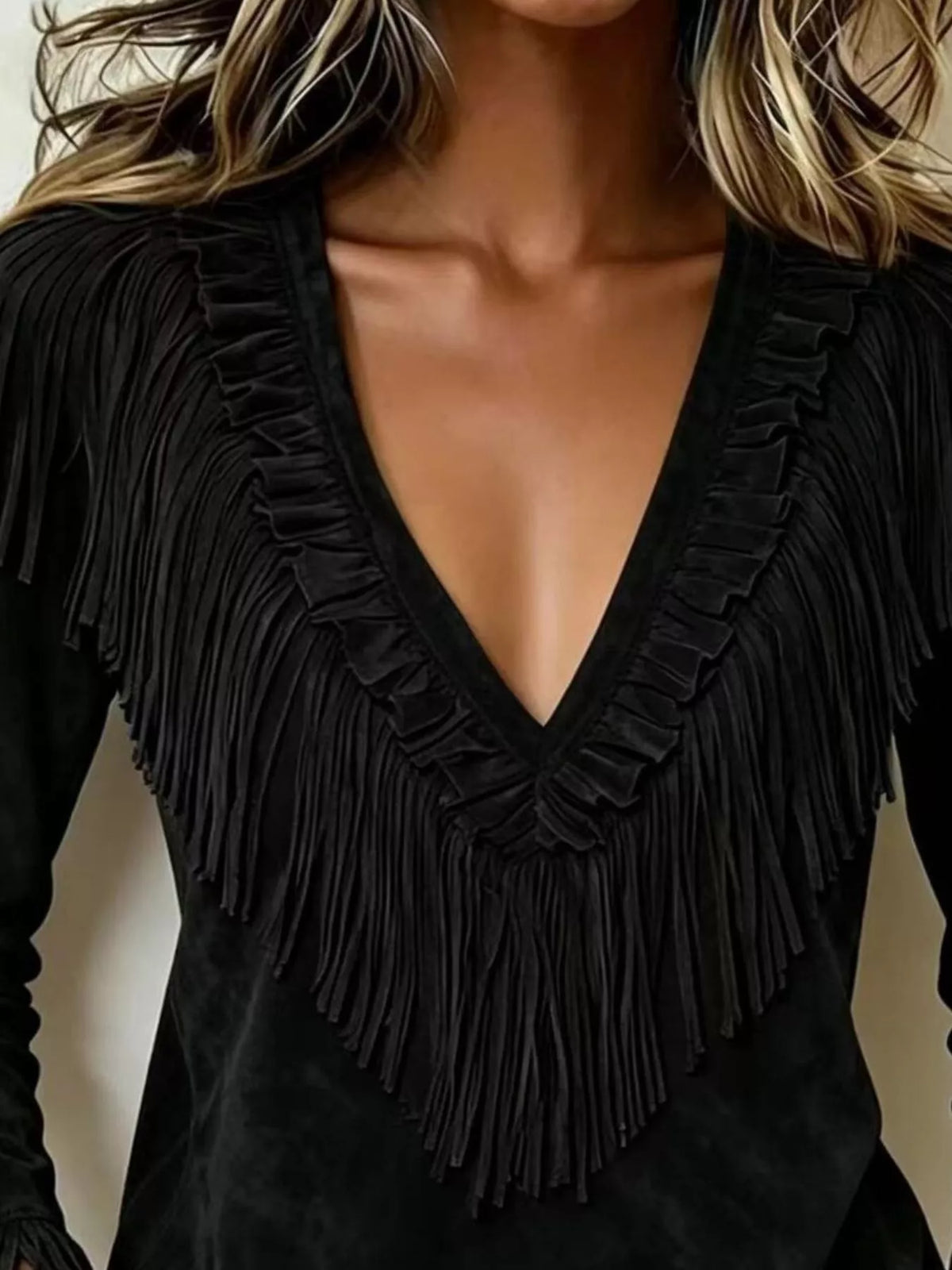 Fringed V-Neck Blouse