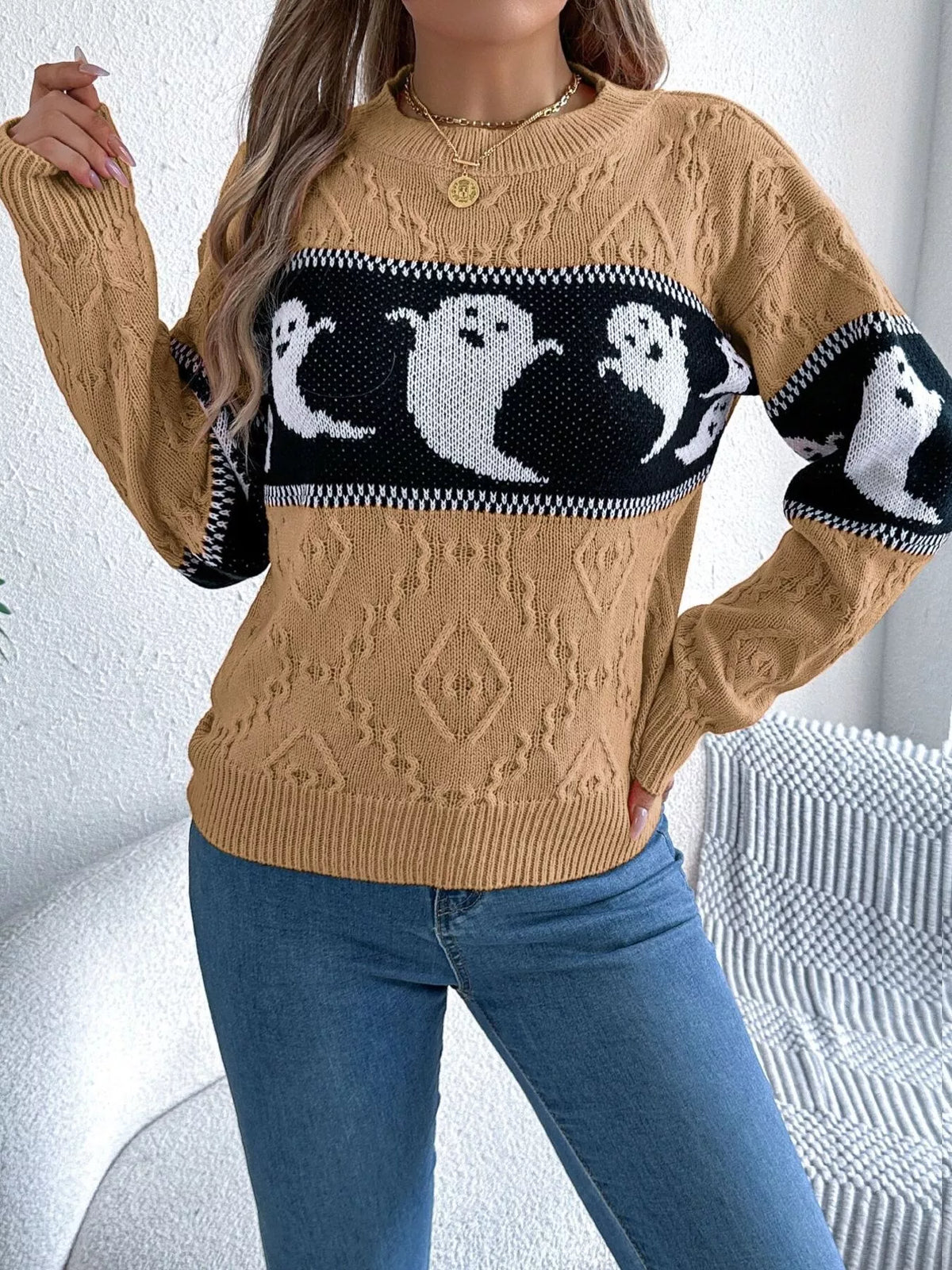 Halloween Ghost Pattern Textured Sweater
