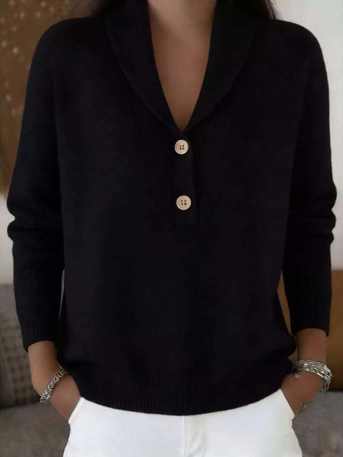 Shawl Collar Button Detail Sweater in Black