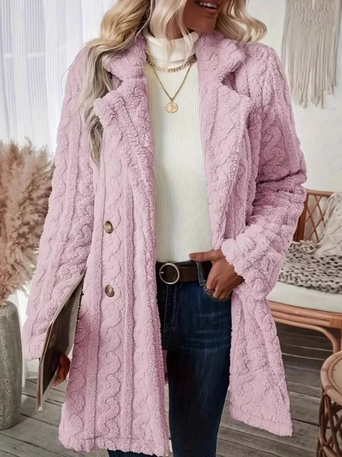 Cozy Faux Shearling Double-Breasted Outerwear, view 7