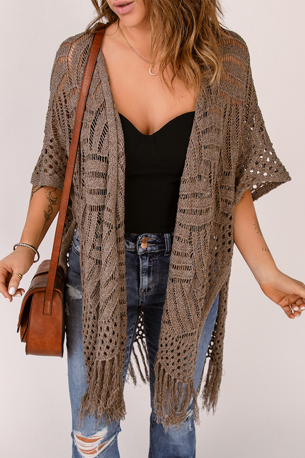 Fringe Hem Slit Open Front Cardigan, view 5