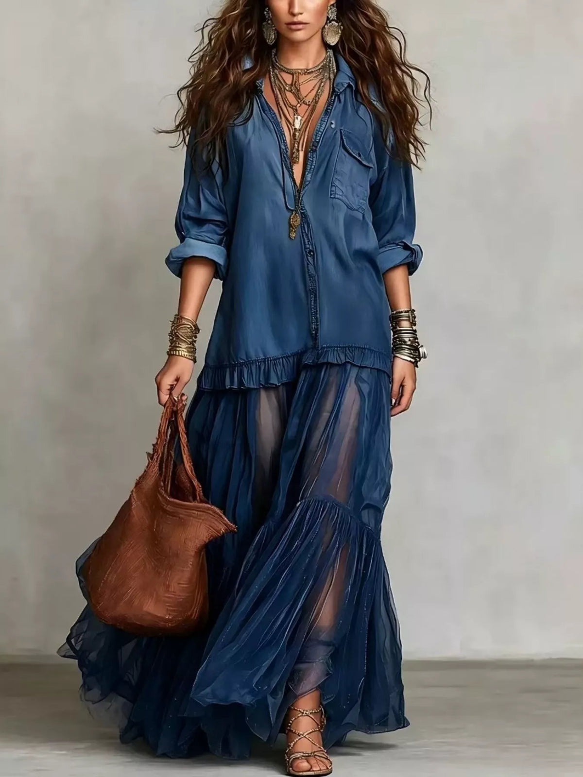 Full Size Tiered Long Sleeve Denim Shirt Maxi Dress Plus Size - Lilixa.store