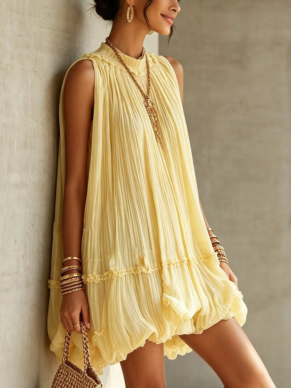 Pleated Mock Neck Sleeveless Mini Dress