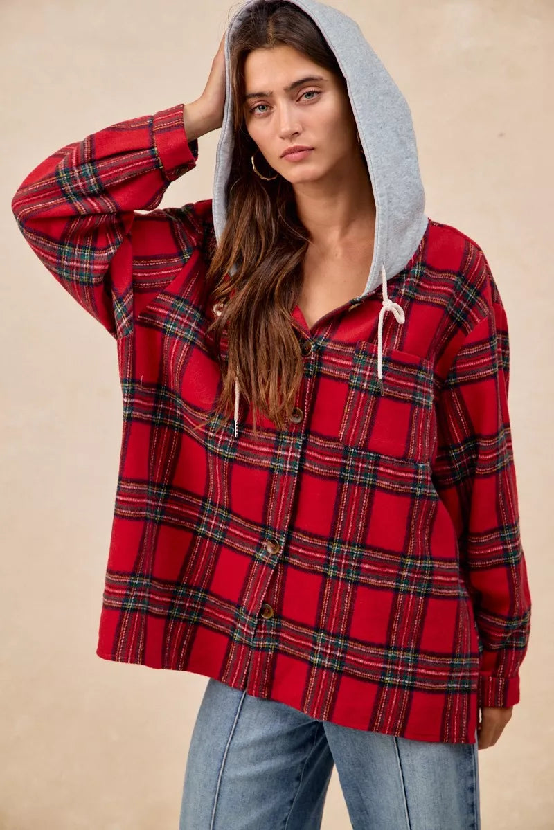 BiBi Brushed Plaid Hooded Jacket in Red Plaid, view 11