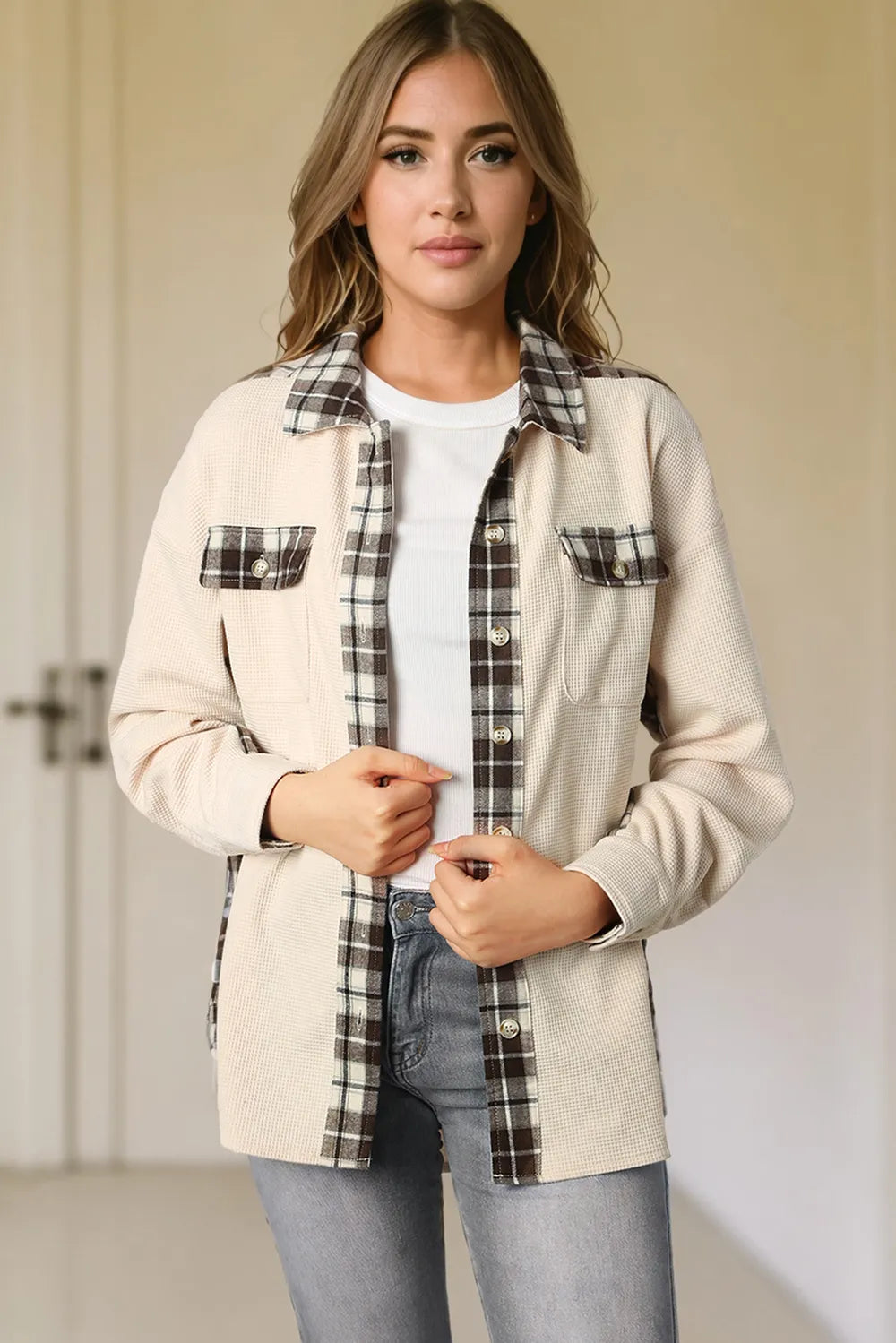 Plaid Button Down Collared Jacket in Cream