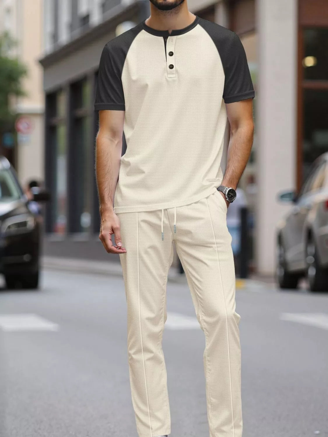 Men's Full Size Casual Two-Tone Raglan Sleeve Tee and Pants Set Plus Size - Lilixa.store