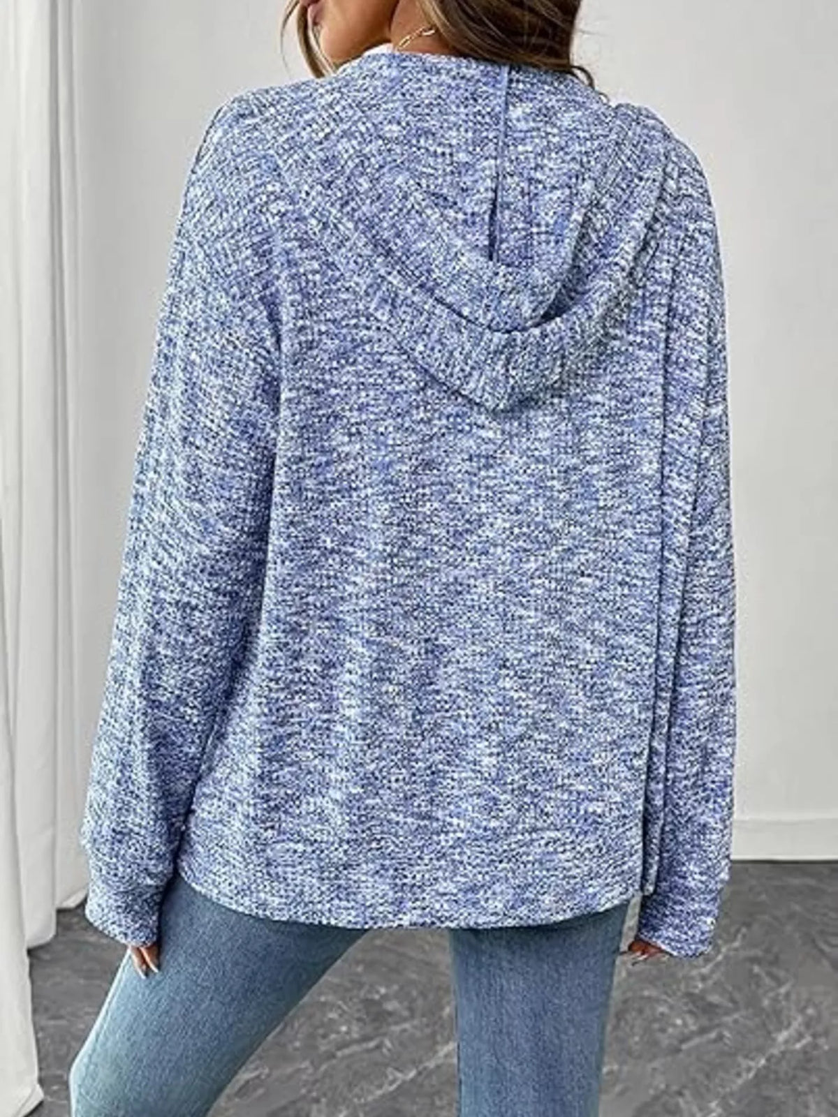Zip-Up Drawstring Hooded Cardigan in Light Blue, view 4