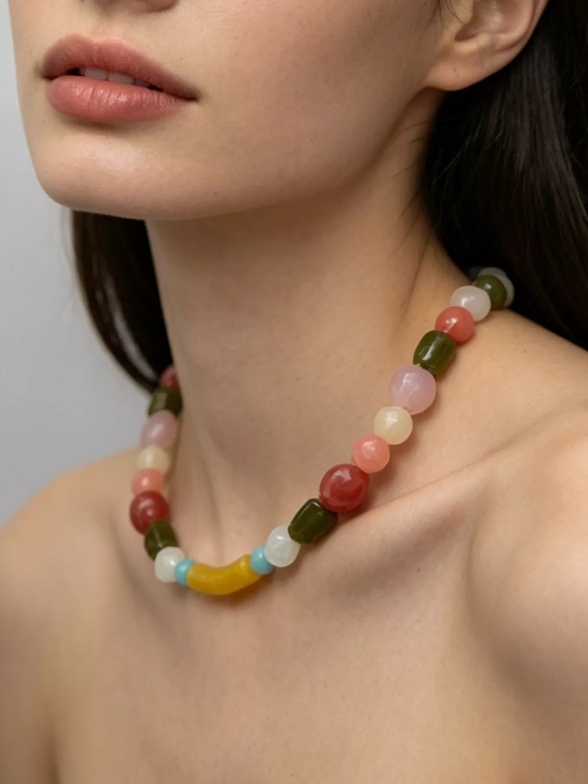 Colorful Beaded Choker Necklace in Pastel Yellow, view 4