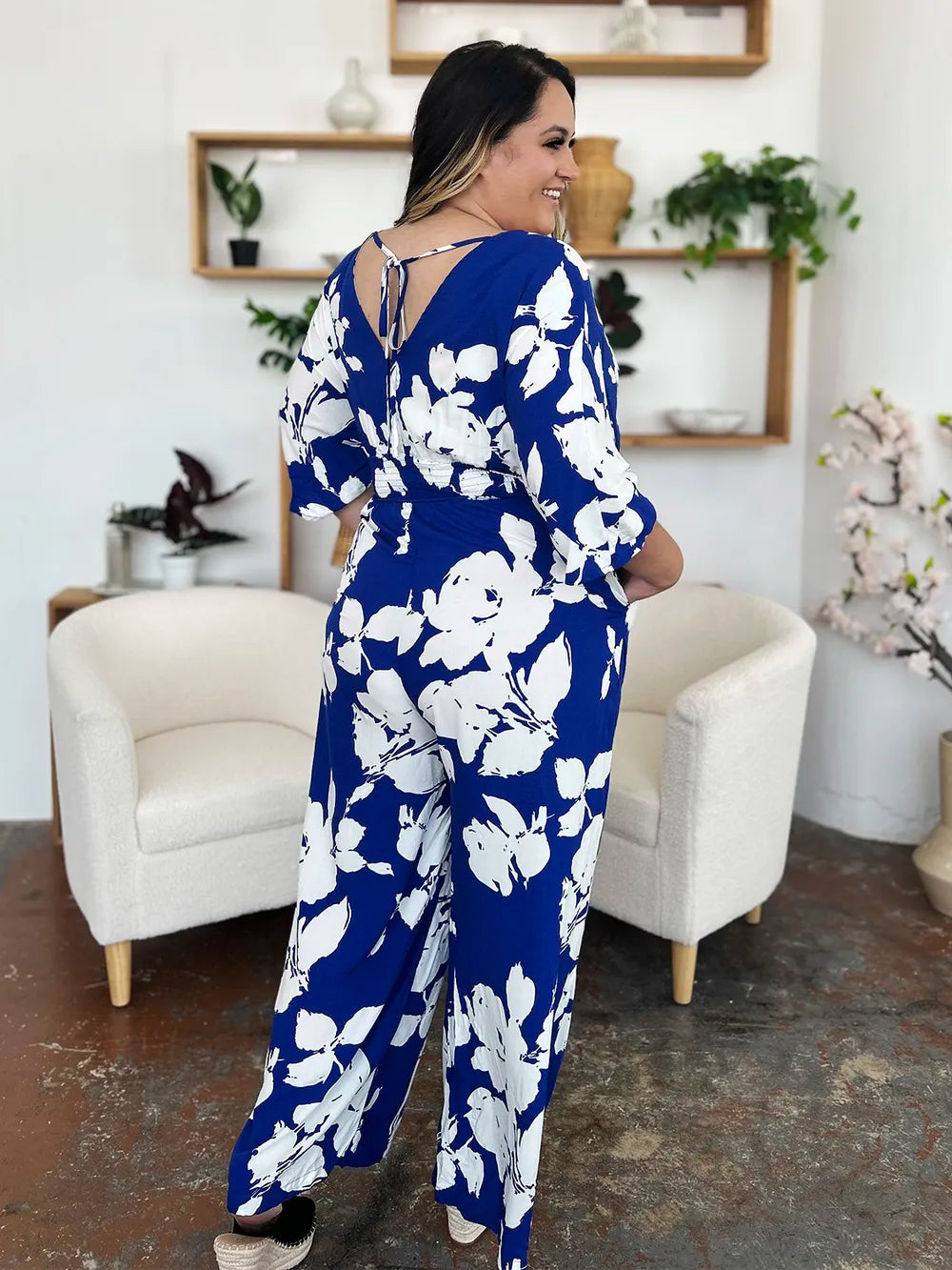 Double Take Full Size Printed Tie Back Wide Leg Jumpsuit - Lilixa.store