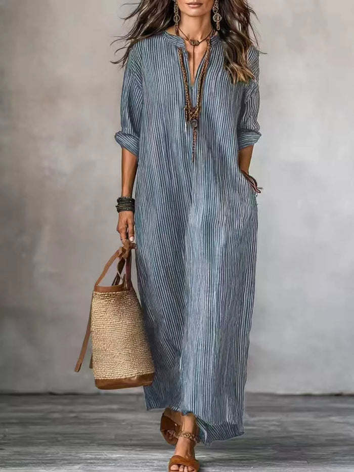 Full Size Striped Notched Maxi Dress with Pockets Plus Size - Lilixa.store