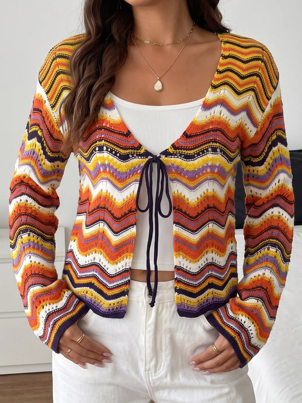 Vibrant Chevron Striped Tie-Front Knit Cardigan in Sherbet