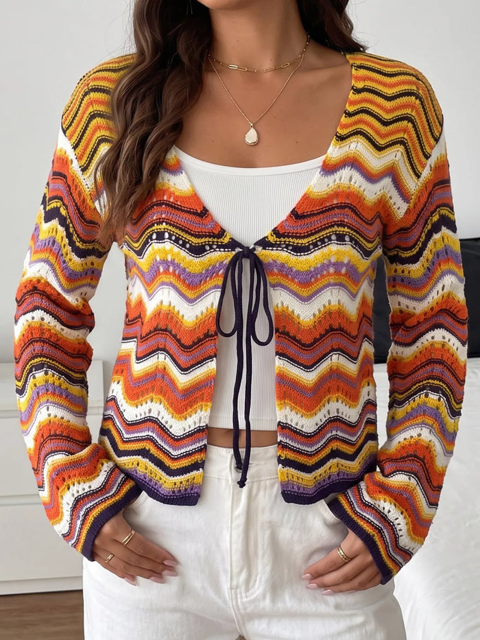 Vibrant Chevron Striped Tie-Front Knit Cardigan in Sherbet