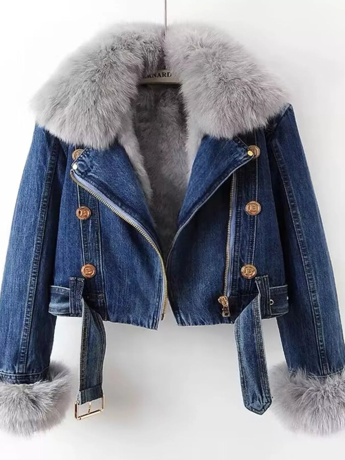 Full Size Faux Fur Collar Denim Jacket Plus Size in Dark Blue
