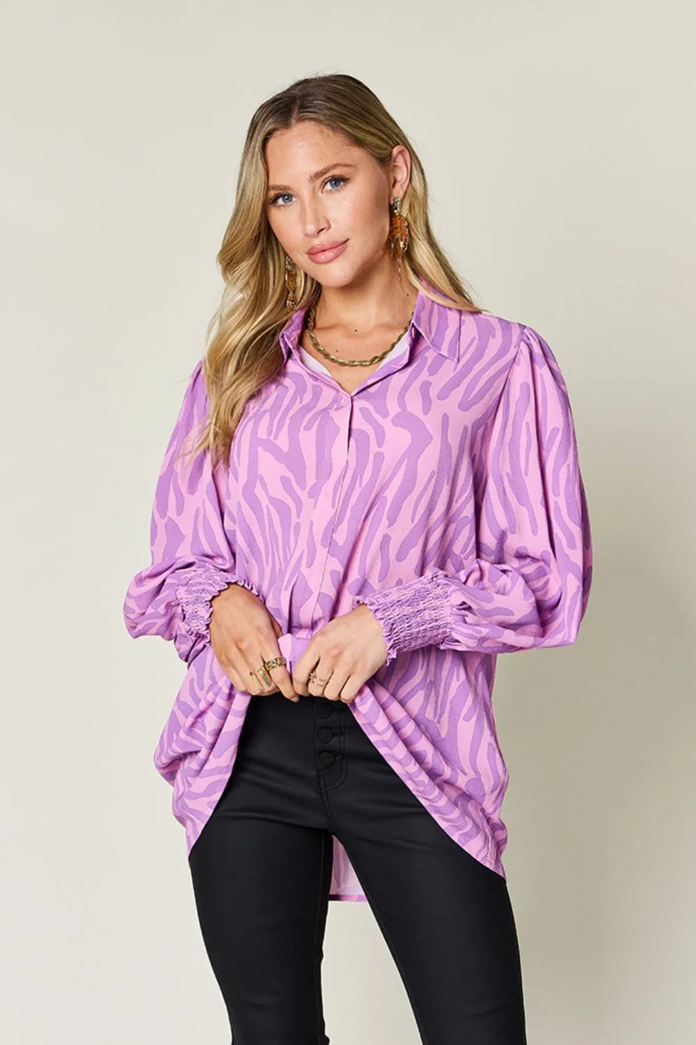 Double Take Full Size Printed Smocked Long Sleeve Blouse Plus Size - Lilixa.store