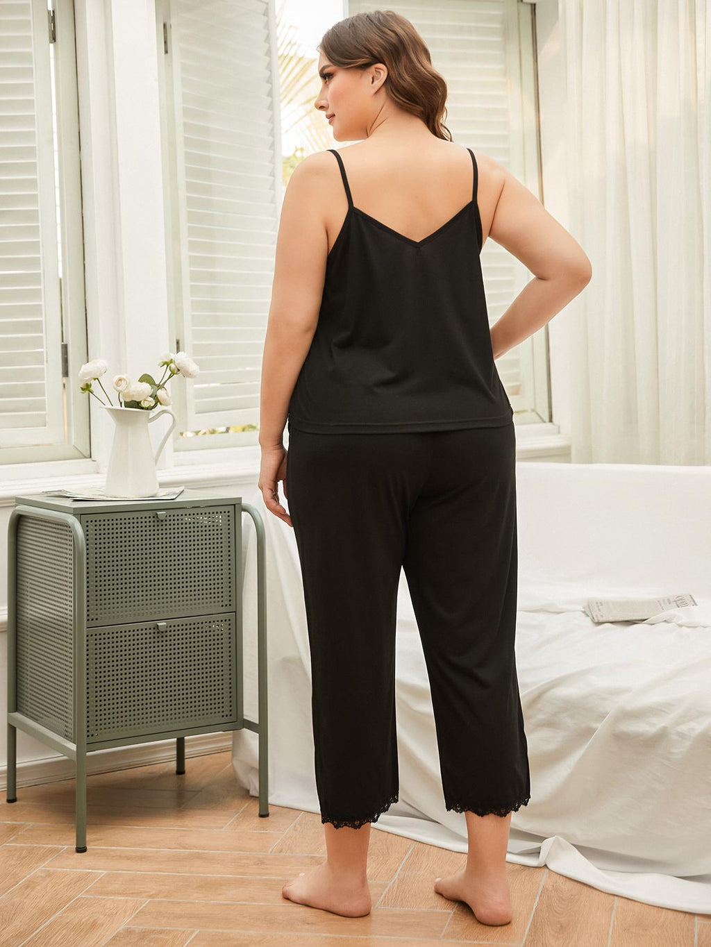 Plus Size Lace Trim Slit Cami and Pants Pajama Set - Lilixa.store