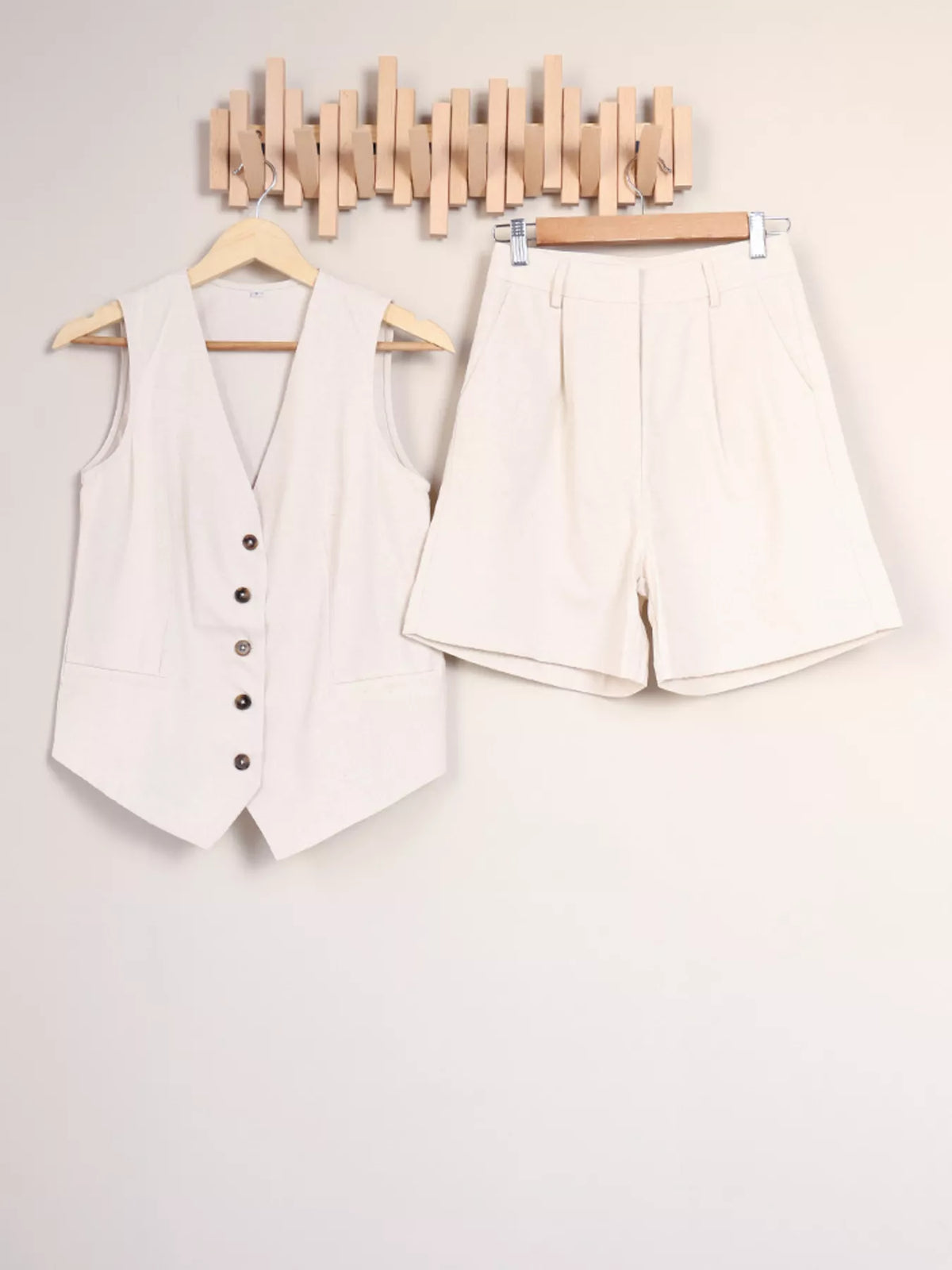 Button Up Vest and Shorts Two-Piece Set in Khaki Color, view 6