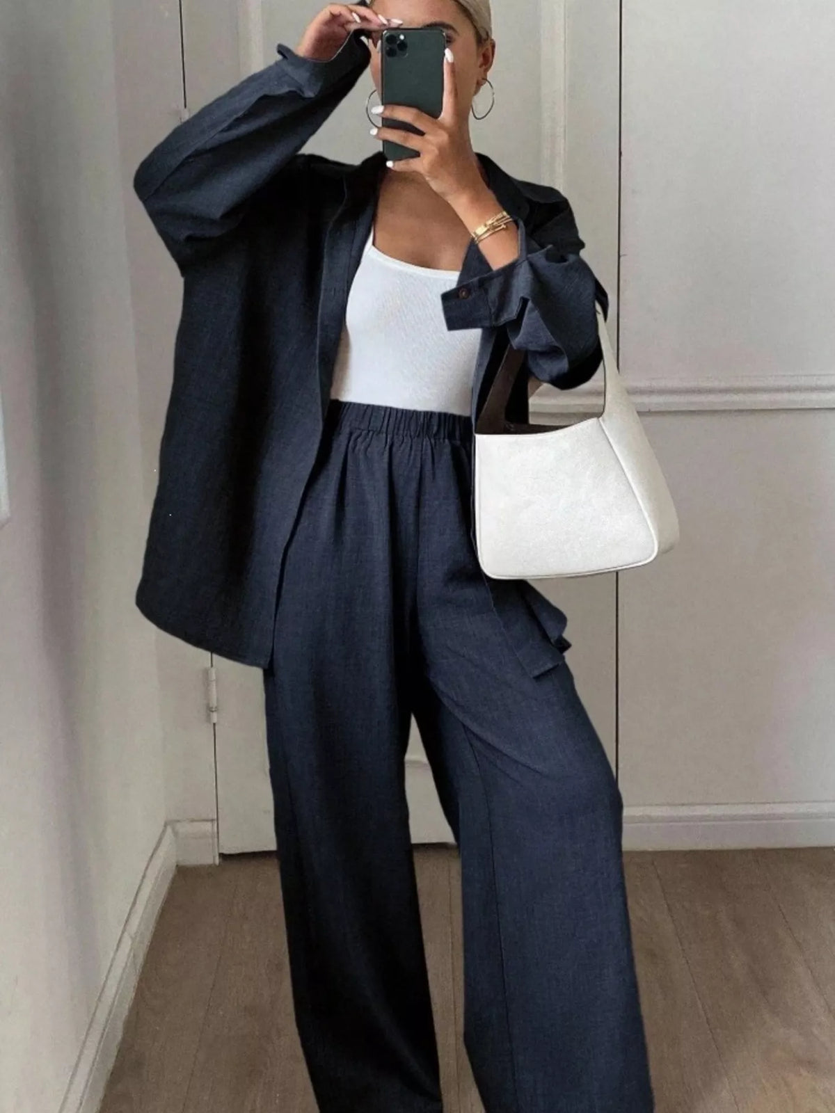 Button-Down Shirt and Wide-Leg Pants Set, view 6