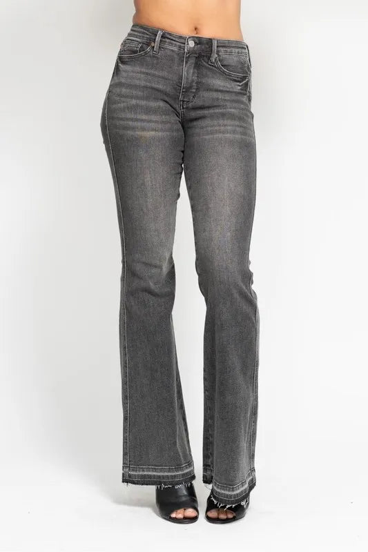Judy Blue Full Size Mid Rise Tummy Control Washed Gray Release Hem Flare Jeans Plus Size - Lilixa.store