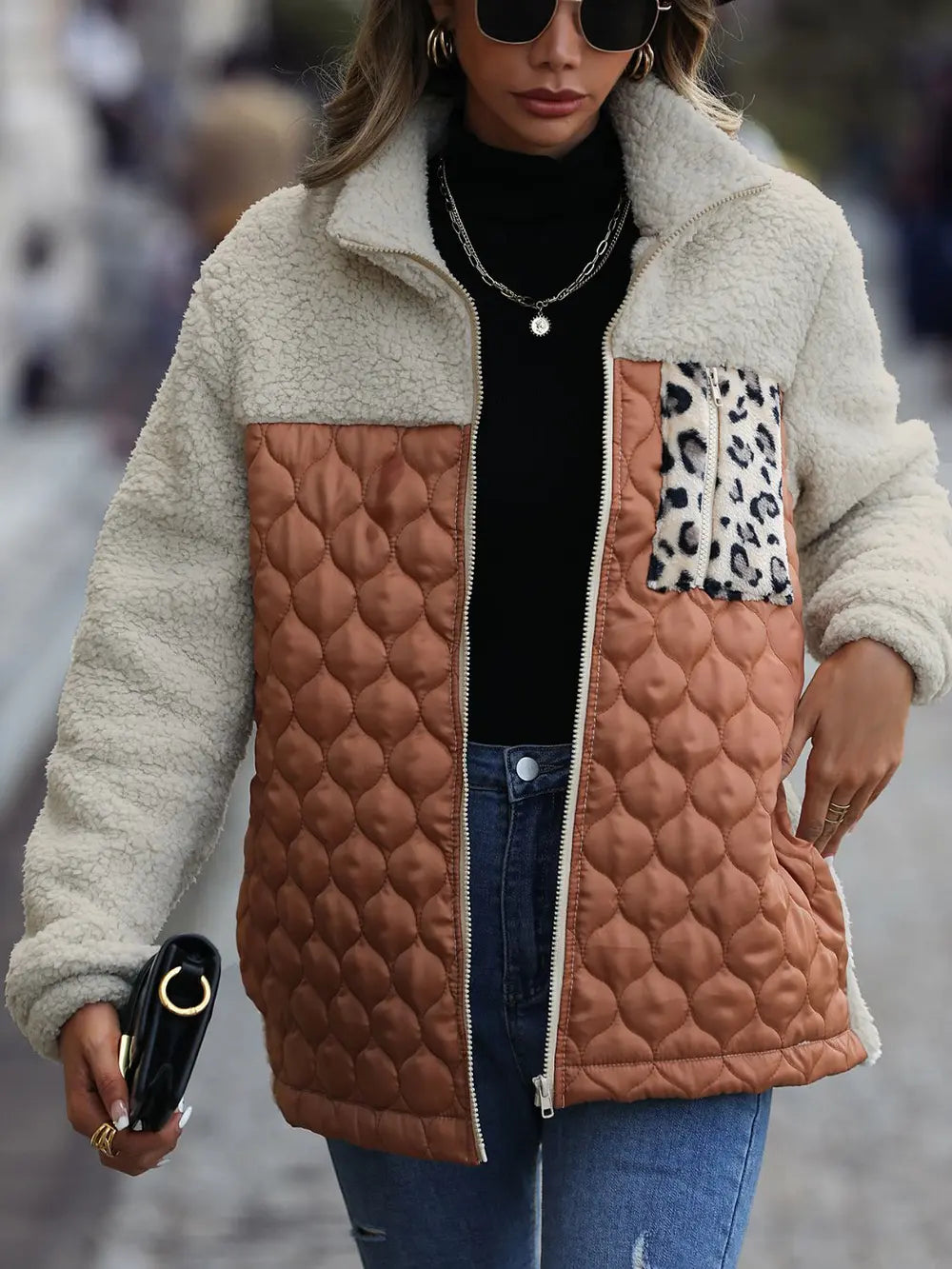 Leopard Color Block Zip-Up Jacket in Caramel