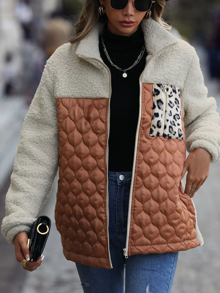Leopard Color Block Zip-Up Jacket in Caramel