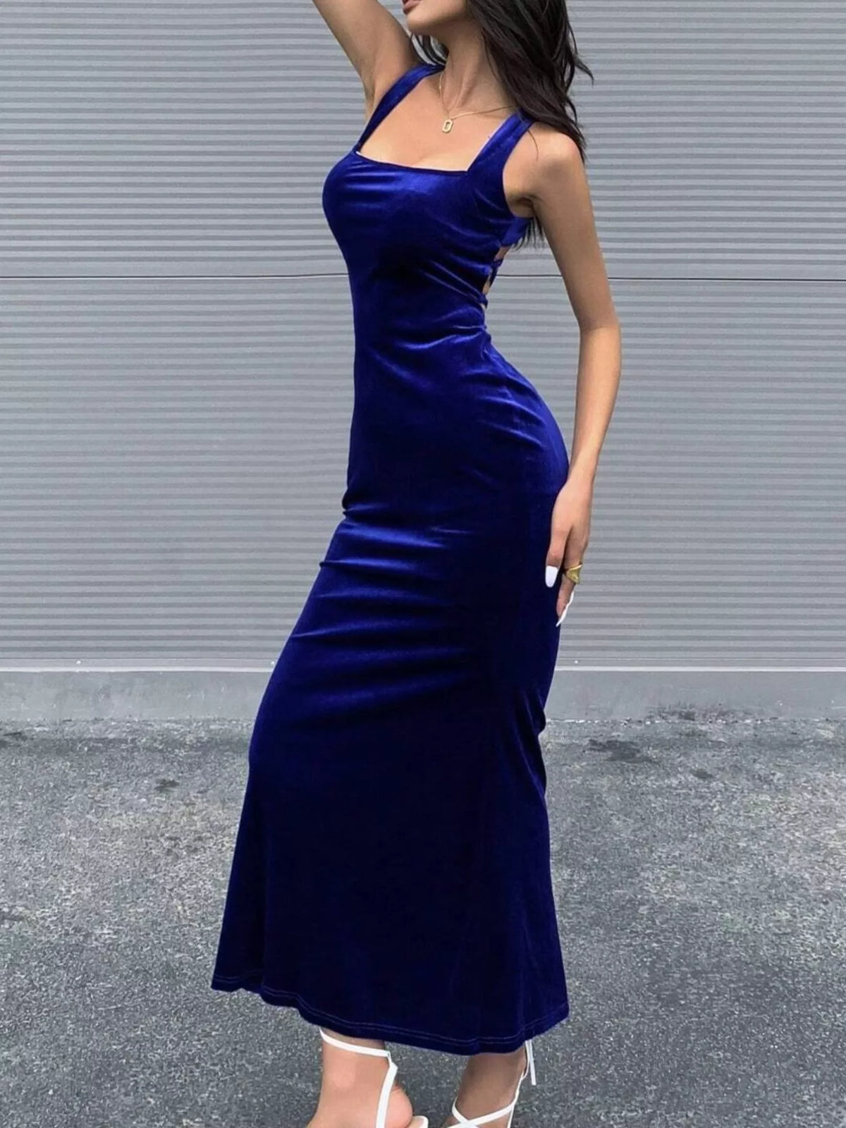 Backless Velvet Bodycon Maxi Dress with Back Lace Up in Royal Blue, view 3