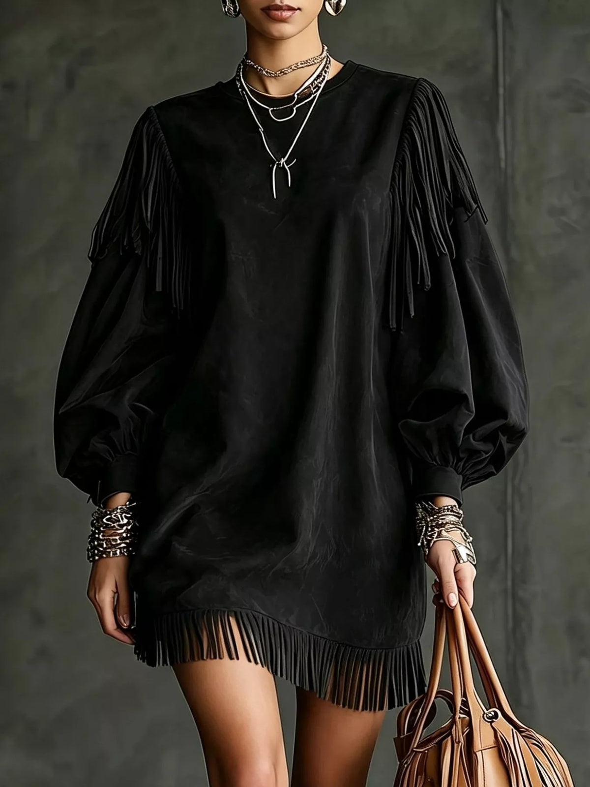 Fringe Detail Lantern Sleeve Mini Dress - Lilixa.store