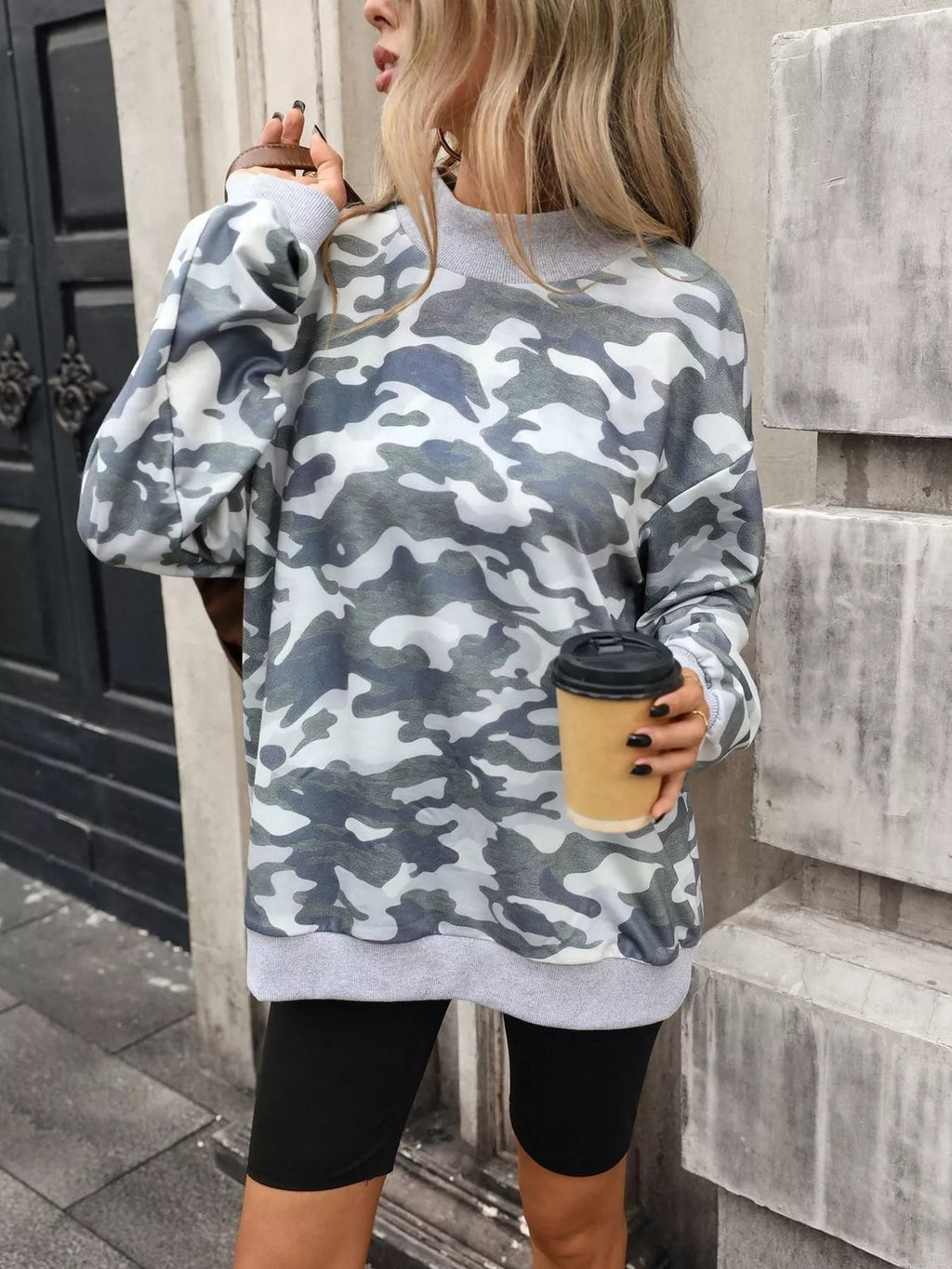 Camouflage Print Mock Neck Sweatshirt - Lilixa.store