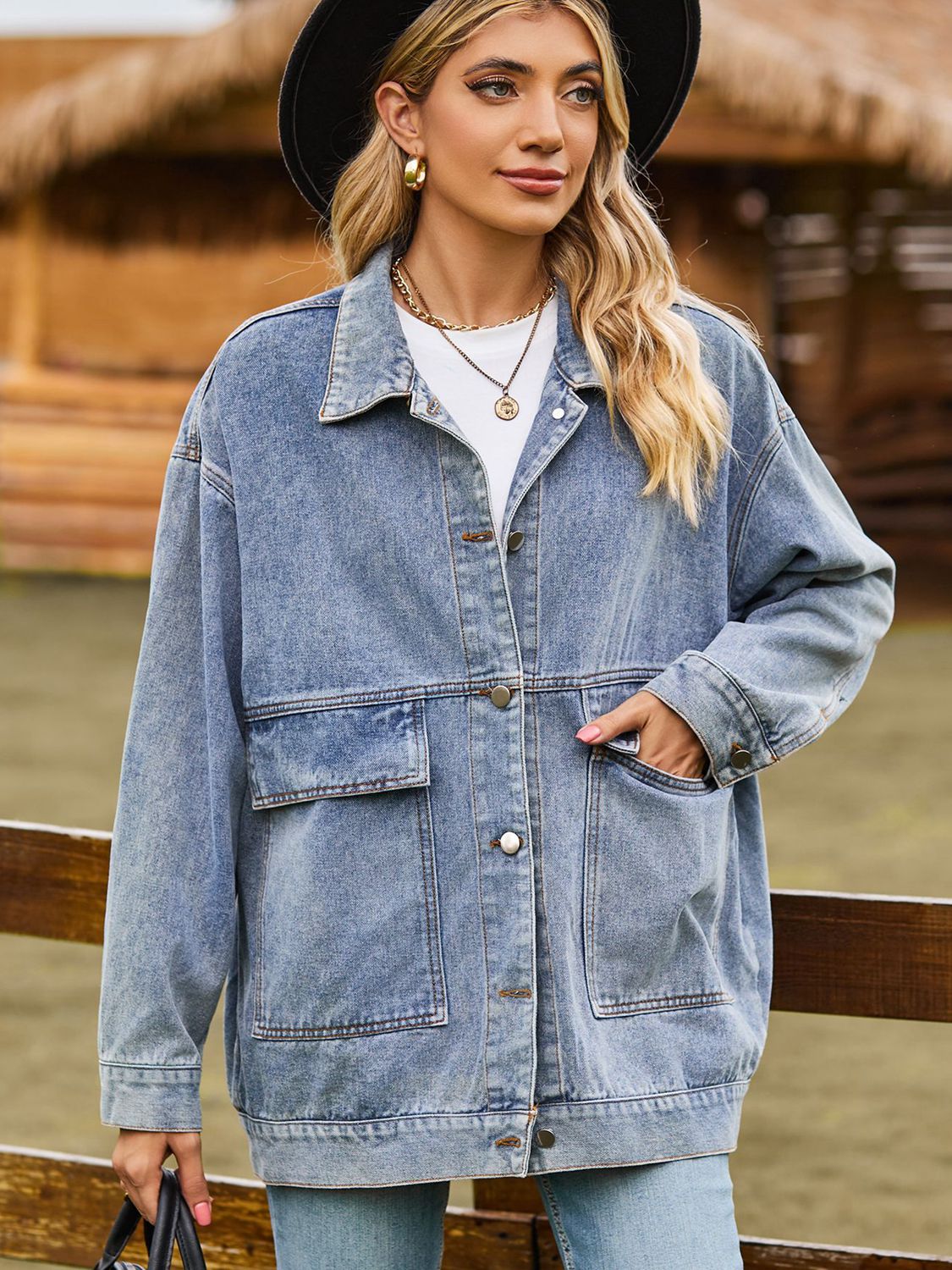 Dropped Shoulder Denim Jacket with Pockets in Dark Gray, view 6