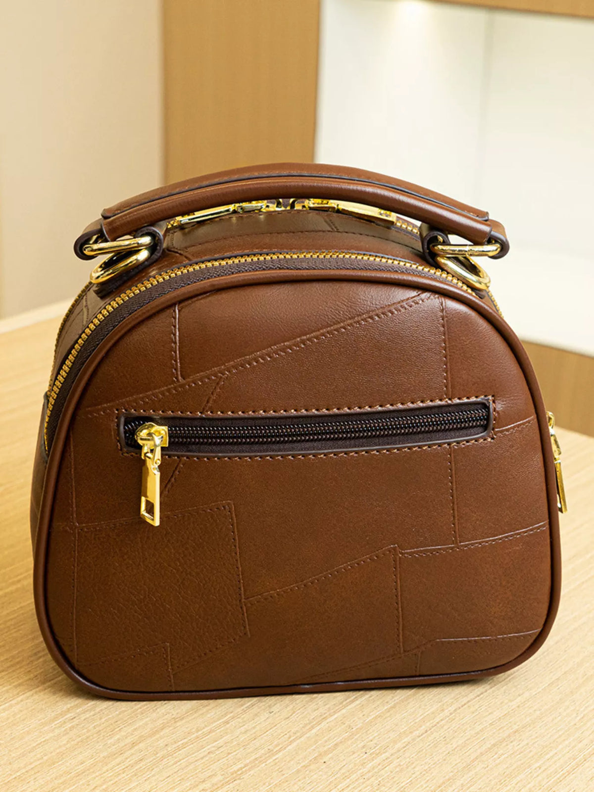Patchwork Leather Crossbody Bag with Top Handle in Caramel, view 8